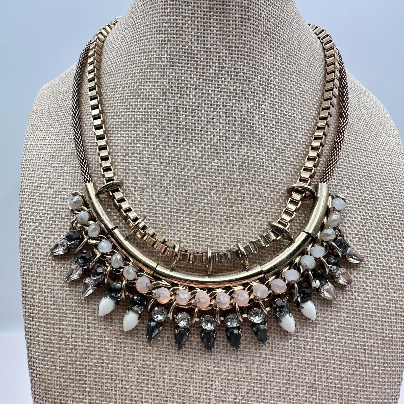 Vintage 90s Express Gold Tone Rhinestone Bib Necklace Statement Fashion Jewelry